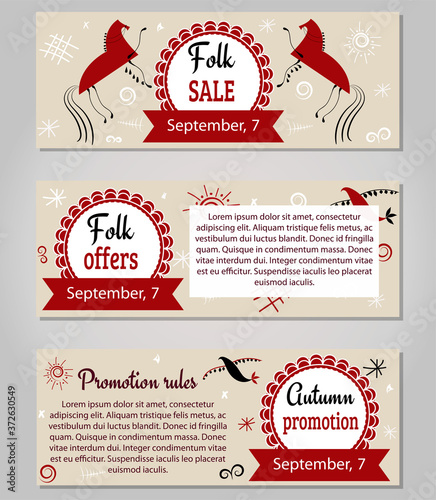 Set template card with folk elements, fall sales, vector illustration