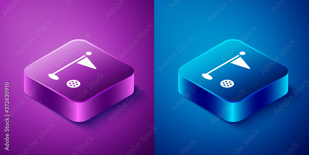 Isometric Golf flag icon isolated on blue and purple background. Golf equipment or accessory. Square button. Vector. Isometric Golf flag icon isolated on blue and purple background. Golf equipment or accessory. Square button. Vector.