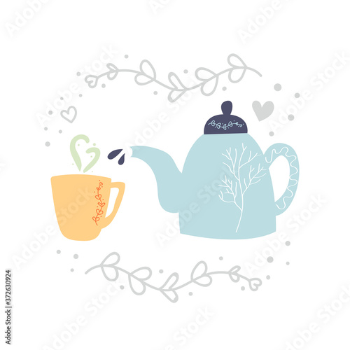 Hand drawn teapot and cup with tea or hot drink. Cozy home, kitchen concept. Flat illustration.