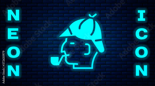 Glowing neon Sherlock Holmes with smoking pipe icon isolated on brick wall background. Detective. Vector.