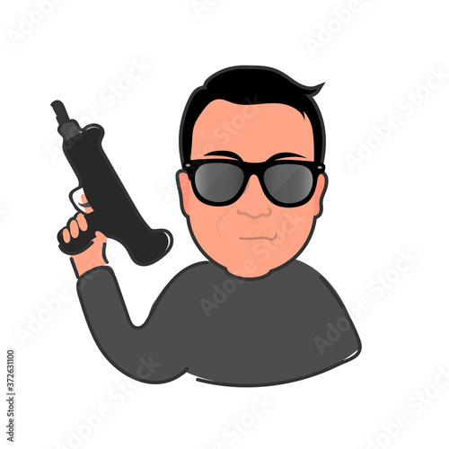 A guy with glasses with a gun. A man in sunglasses. Suitable for social media, postcards, stickers, t-shirts and prints. Isolated, vector.