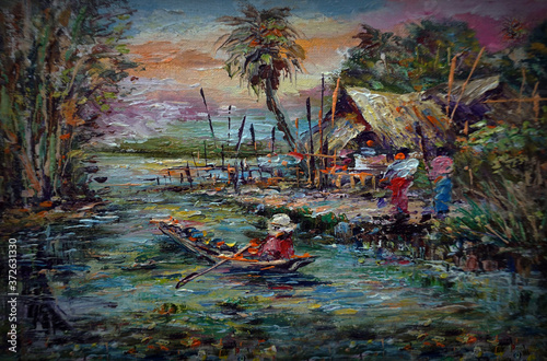 Art painting Oil color Floating market on canvas Thai land