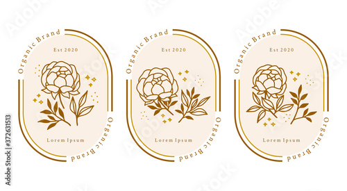 Hand drawn gold botanical peony flower element for feminine beauty logo or brand package