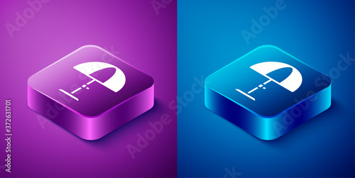 Isometric Sun protective umbrella for beach icon isolated on blue and purple background. Large parasol for outdoor space. Beach umbrella. Square button. Vector.