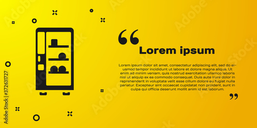 Black Vending machine of food and beverage automatic selling icon isolated on yellow background. Vector.