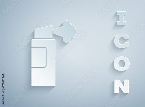 Paper cut Pepper spray icon isolated on grey background. OC gas. Capsicum self defense aerosol. Paper art style. Vector.