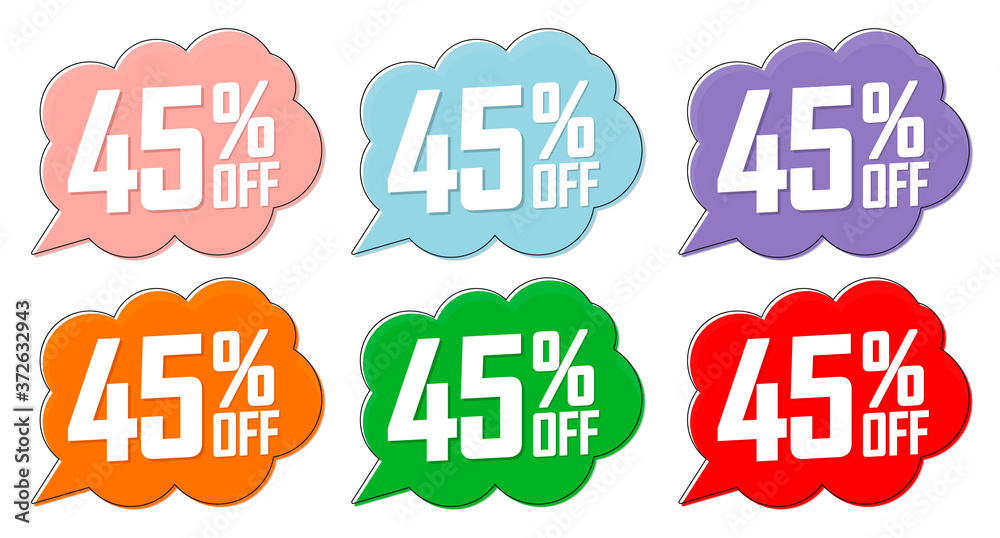 Set Sale 45% off speech bubble banners, discount tags design template, app icons, vector illustration