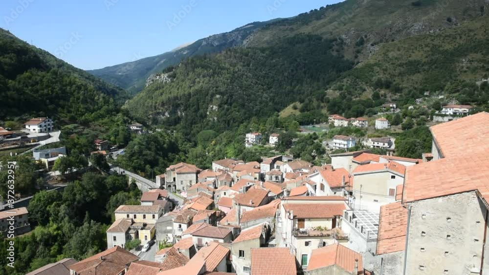 Panoramic view of the rural town of Papasidero, in the region of Calabria, Italy.
Panoramic view of the rural town of Papasidero, in the region of Calabria, Italy.
