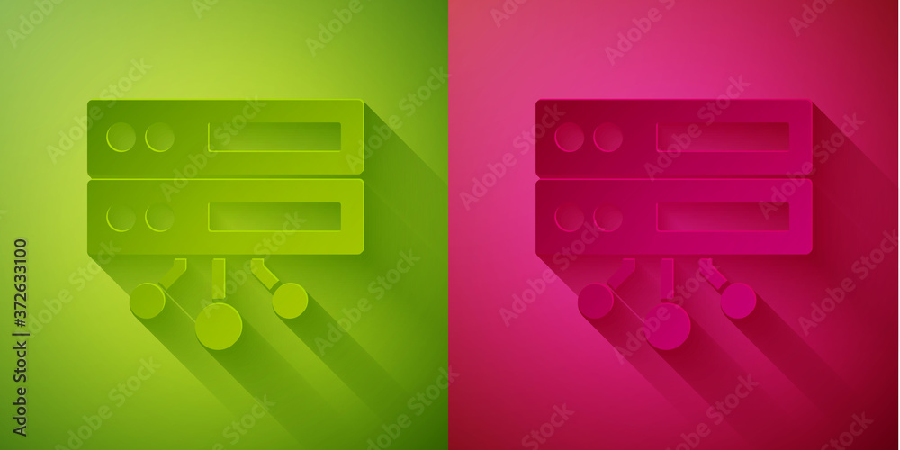 Paper cut Server, Data, Web Hosting icon isolated on green and pink background. Paper art style. Vector. Paper cut Server, Data, Web Hosting icon isolated on green and pink background. Paper art style. Vector.