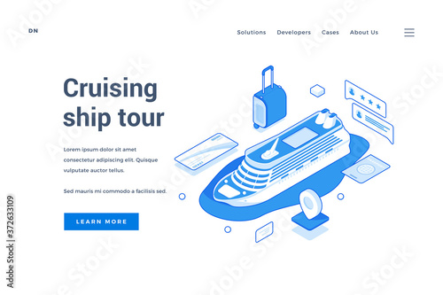 Isometric website banner advertising cruising tours by ship