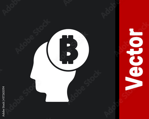 White Bitcoin think icon isolated on black background. Cryptocurrency head. Blockchain technology, digital money market, cryptocoin wallet. Vector.