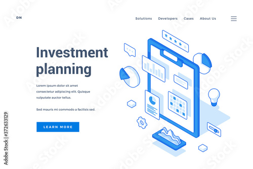 Creative isometric design of website about investments