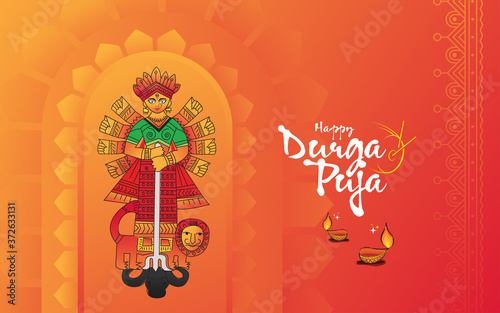 Happy Durga Puja Festival Greeting Background, Hindu Goddess Durga Illustration