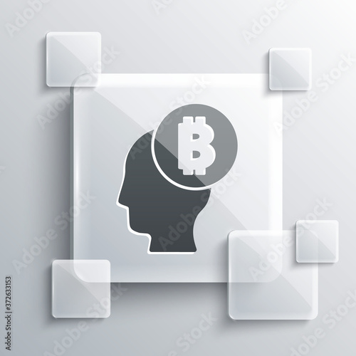 Grey Bitcoin think icon isolated on grey background. Cryptocurrency head. Blockchain technology, digital money market, cryptocoin wallet. Square glass panels. Vector.