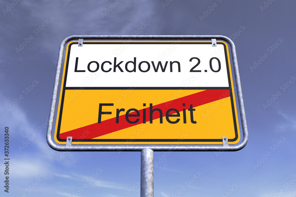 Obraz premium 3d Illustation - Ortsschild - Ortstafel - Coronavirus - Freiheit - Lockdown 2.0 - Himmel - Wolken