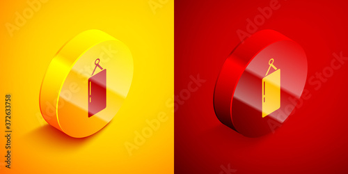 Isometric Punching bag icon isolated on orange and red background. Circle button. Vector.