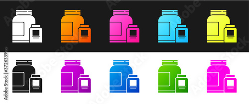 Set Sports nutrition bodybuilding proteine power drink and food icon isolated on black and white background. Vector.