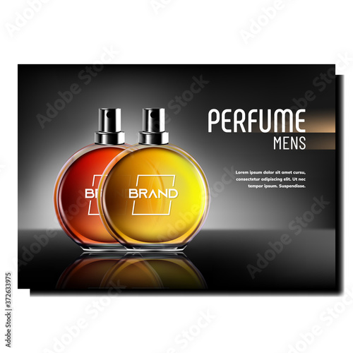 Perfume For Men Creative Advertise Poster Vector. Blank Perfume Glass Bottles On Bright Promotional Marketing Banner. Odor Elegance Present On Birthday Color Concept Template Illustration