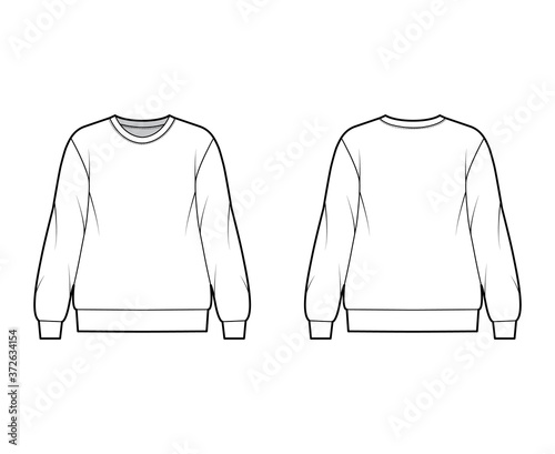 Cotton-terry oversized sweatshirt technical fashion illustration with relaxed fit, crew neckline, long sleeves. Flat outwear jumper apparel template front, back, white color. Women men, unisex top CAD
