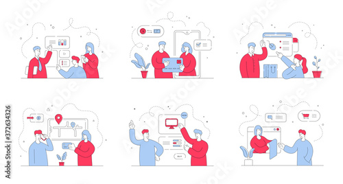 People using online services on modern devices. Set of flat line vector illustrations