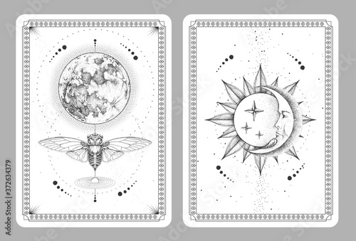 Modern magic witchcraft taros cards with butterfly and full moon. Sun and moon with human face. Vector illustration