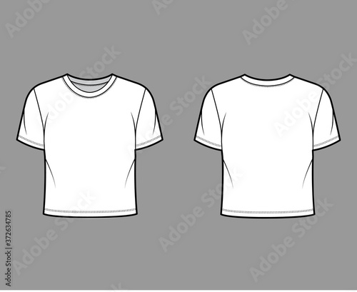 Cropped cotton-jersey t-shirt technical fashion illustration with relaxed fit, crew neckline, short sleeves. Flat outwear basic apparel template front back white color. Women men unisex top CAD mockup