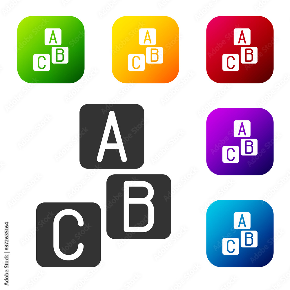 Black ABC blocks icon isolated on white background. Alphabet cubes with letters A,B,C. Set icons in color square buttons. Vector. Black ABC blocks icon isolated on white background. Alphabet cubes with letters A,B,C. Set icons in color square buttons. Vector.