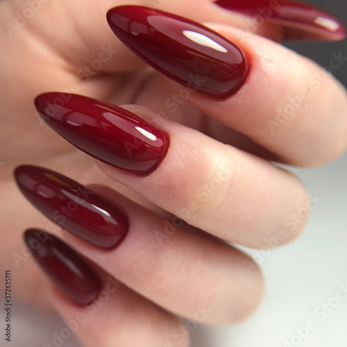 Stylish trendy red female manicure.Hands of a woman with red manicure on nails