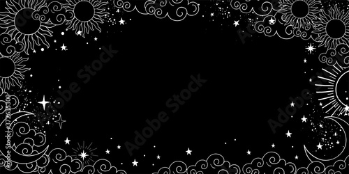 A mystical heavenly black banner with copy space, moon, sun, and stars. Space background with place for text. Blank for astrology, fortune-telling, boho parties. Vector illustration