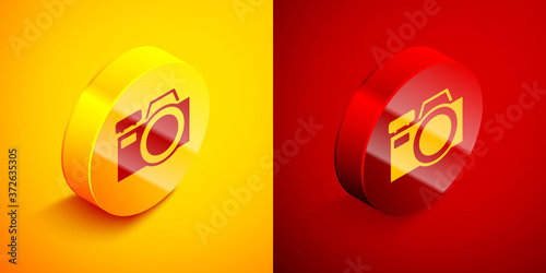 Isometric Photo camera icon isolated on orange and red background. Foto camera icon. Circle button. Vector. © Kostiantyn
