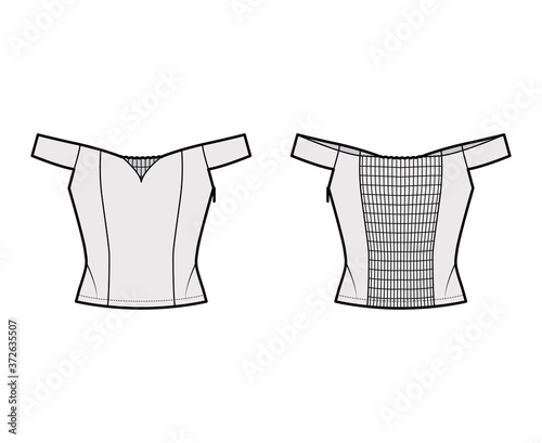 Off-the-shoulder shirred top technical fashion illustration with sweetheart neckline, close fit, corset-inspired, shirred back. Flat apparel template front, back grey color. Women, men, unisex shirt 