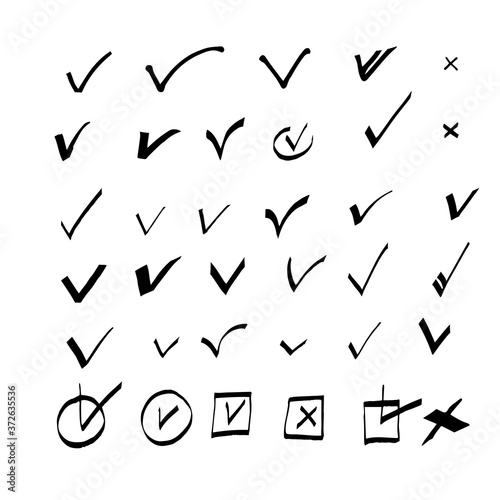 Hand drawn check box signs. Vector doodle set of v mark for list items, checkbox chalk icons, sketch check marks. Hand drawn checklist marks icon collection