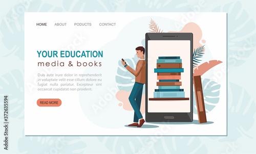 Online reading concept. Young man standing near phone and reads book. Web page template