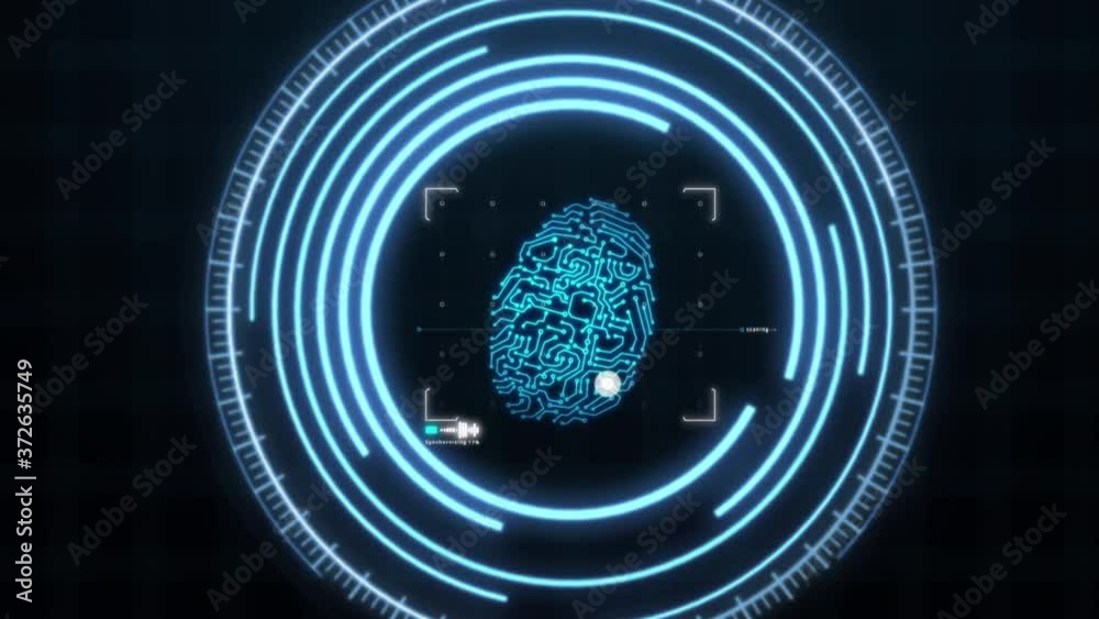 Blue fingerprint scanner HUD holographic with grid line background. Technology and Digital network concept. 4K Motion graphic footage video