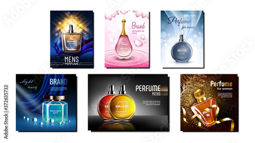 Perfume Product Promotional Posters Set Vector. Luxury Blank Bottles On Creative Advertising Marketing Banners Collection. Toiletry Water For Men And Women Color Concept Template Illustrations