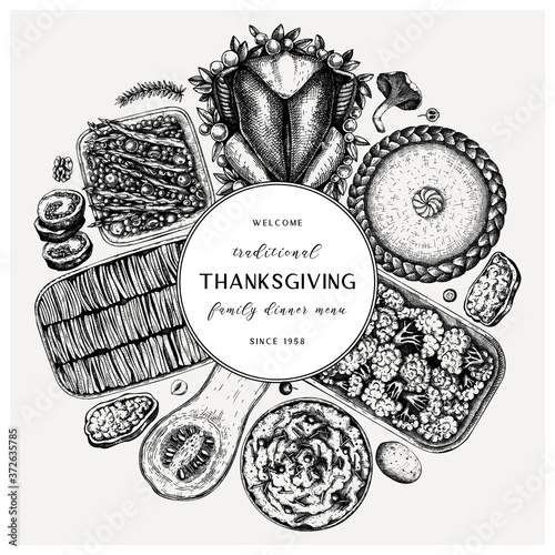 Thanksgiving day dinner menu round design. With roasted turkey, cooked vegetables, rolled meat, baking cakes and pies sketches. 