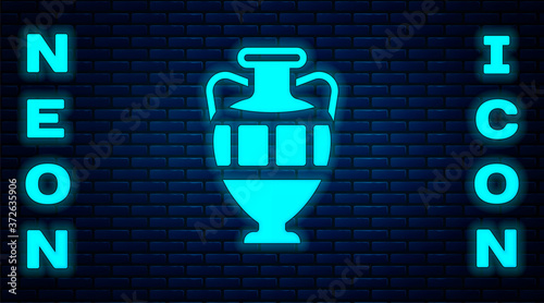 Glowing neon Ancient amphorae icon isolated on brick wall background. Vector.
