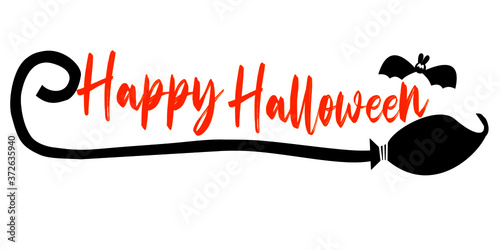 Halloween concept. Happy Halloween text with a broom of witch and a bat vector. 