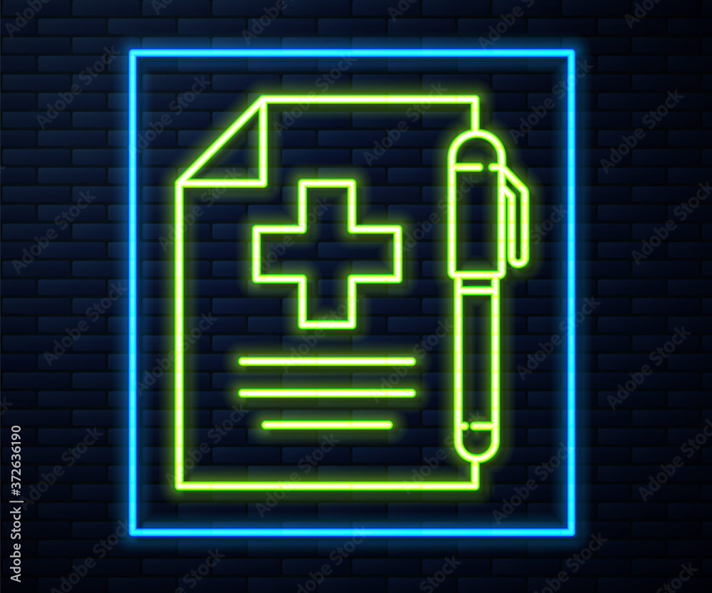 Glowing neon line Medical prescription and pen icon isolated on brick wall background. Rx form. Recipe medical. Pharmacy or medicine symbol. Vector Illustration.