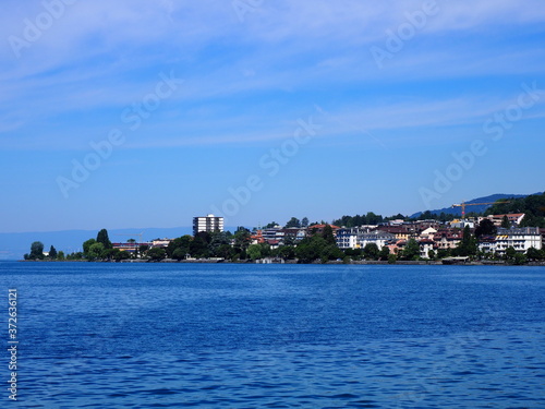 Panoramic view of Lake Geneva and Montreux city in Switzerland