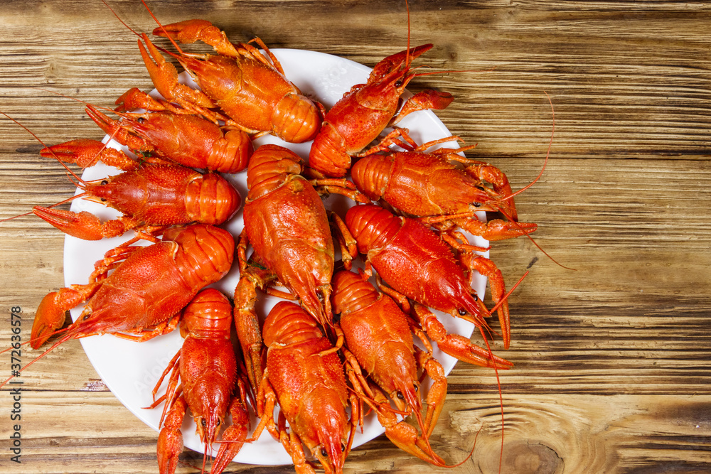 Boiled crayfish in plate on wooden table. Top view Boiled crayfish in plate on wooden table. Top view