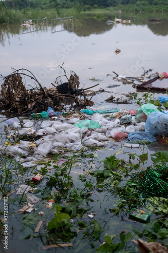 Plastic pollution in a lake in hanoi