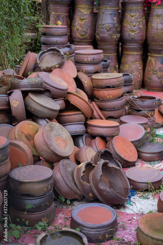 Broken clay pots in gardens in Hanoi