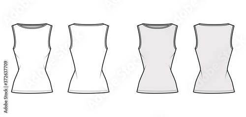 Cotton-jersey tank technical fashion illustration with slim fit, wide boat neckline, elongated hem. Flat outwear shirt apparel template front, back white grey color. Women men unisex top CAD mockup 