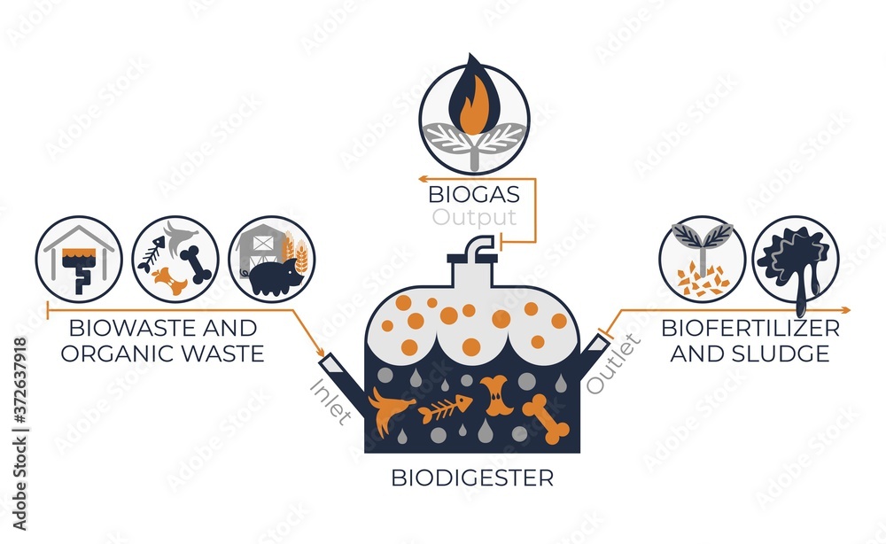 BioDigester work system infographics. Vector graphics with illustration of bio digester container and icons of biowaste, organic waste, biofertilizer, sludge and biogas
