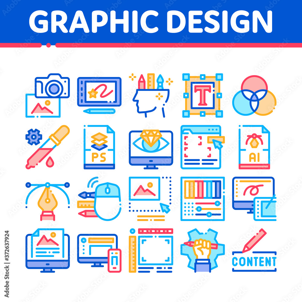 Graphic Design And Creativity Icons Set Vector. Photo Camera And Tablet ...