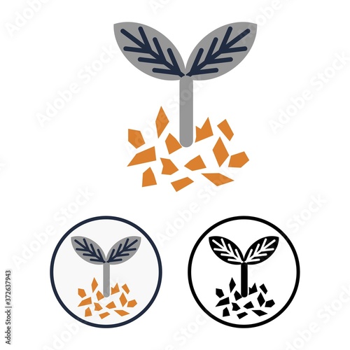Simple flat vector plant fertilizer icon. Round signs or logo with a silhouette of a young growing stem and soil granules around