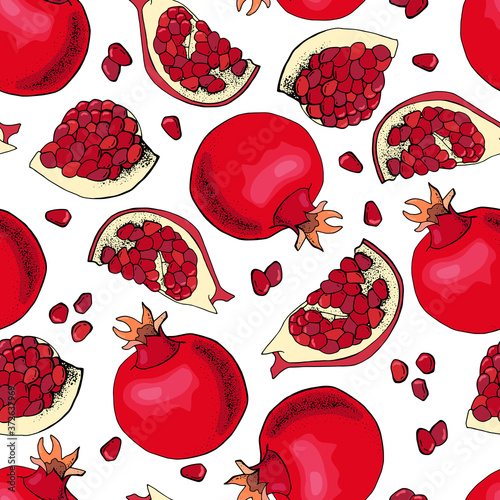 Fruit seamless pattern. Whole pomegranate and pieces. White background, isolator. Stock illustration. Design for wallpaper, fabric, textile, packaging.