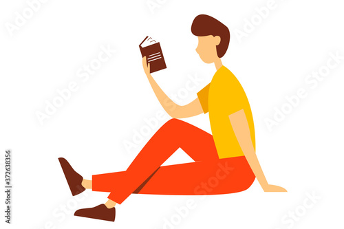 Young man reading a book. Vector illustration in flat style.