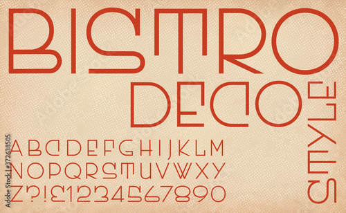 Bistro Deco Style Alphabet; A Lettering Font with Art Deco Movement Stylings, and Unique Letter Shapes. Deep Red on an Earthy Paper Effect Background.
